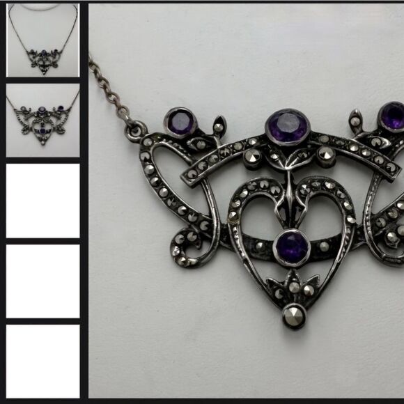 VINTAGE ART NOUVEAU REVIVAL STERLING SILVER MARCASITE AMETHYST PENDANT NECKLACE - Picture 5 of 5